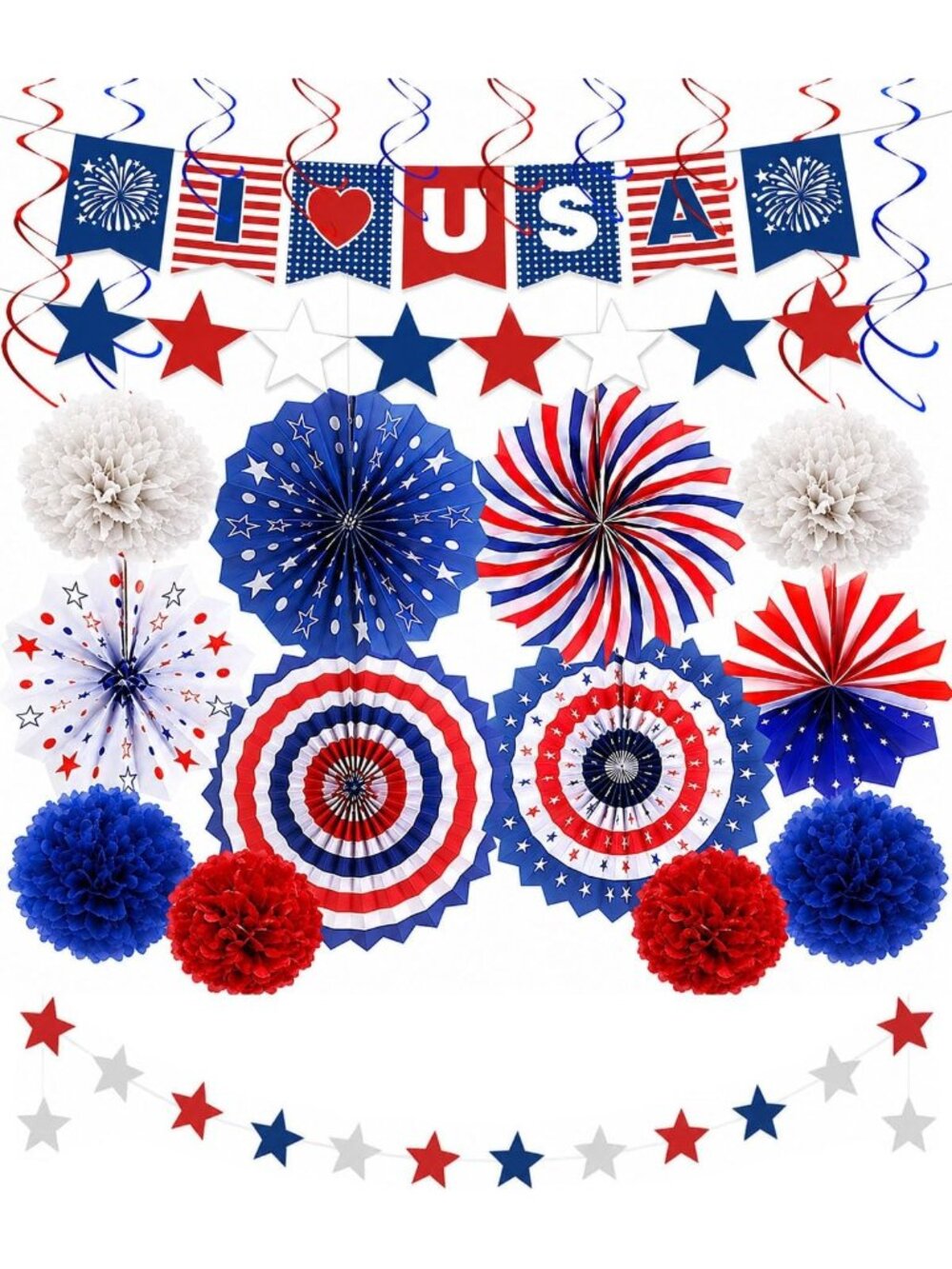 34PCS 4th of July Decor Patriotic Decorations Love USA Banner Red White Blue